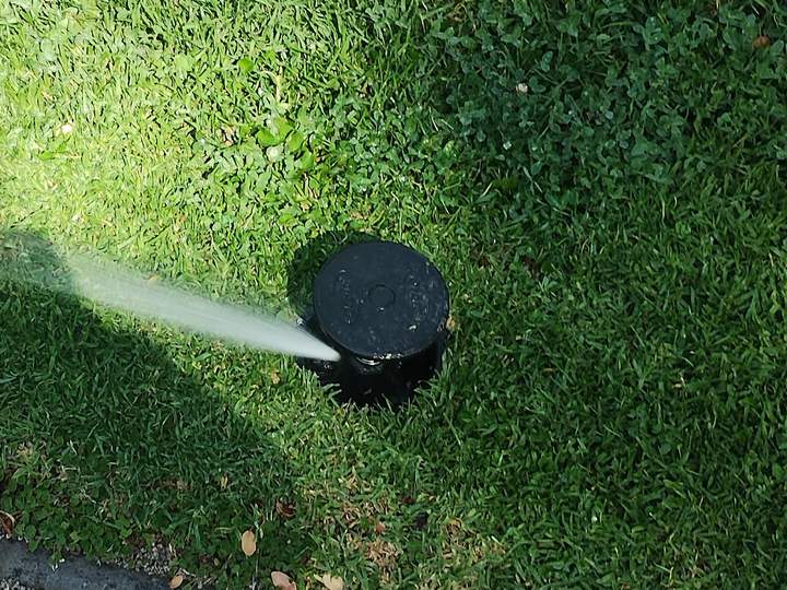 Aspersor de riego tecnificado regando el pasto